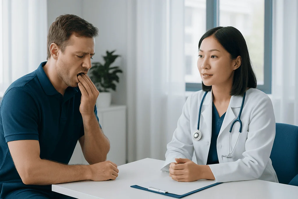 Patient consulting doctor about tongue injury in a medical clinic.