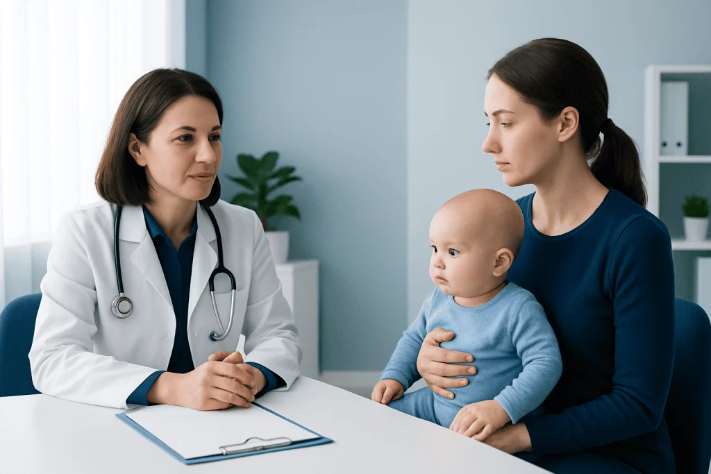 Doctor consulting mother and baby in a medical office setting.