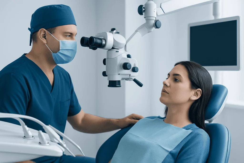 Dentist examining patient with dental microscope at Acibadem Hospital.