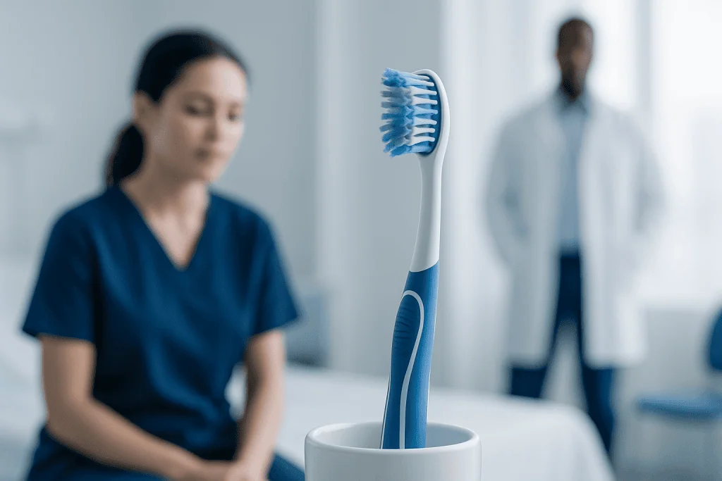 Toothbrush in a holder with a patient and doctor in the background.