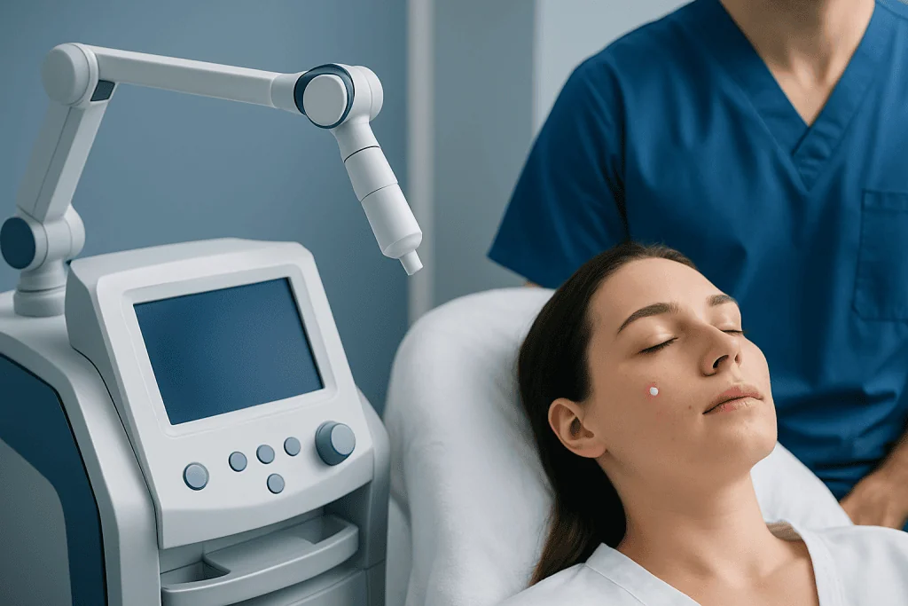 Medical professional performing a skin treatment on a patient with acne.