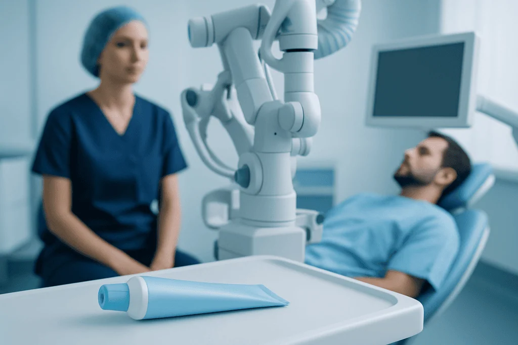 Medical professional preparing to operate a microscope in a hospital setting.