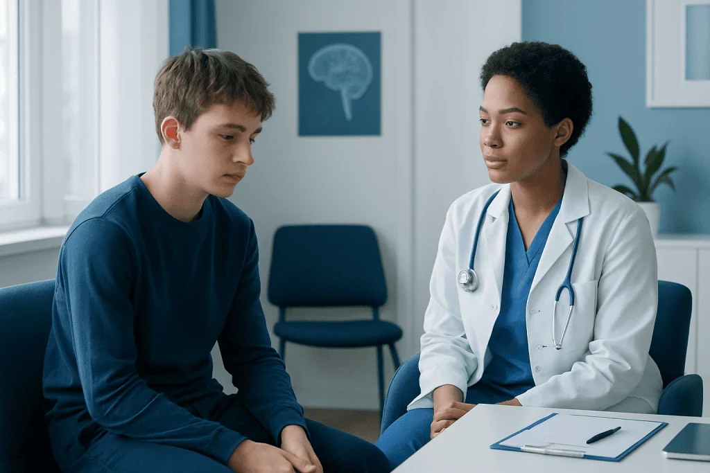 Doctor consulting with a young patient in a medical office setting.