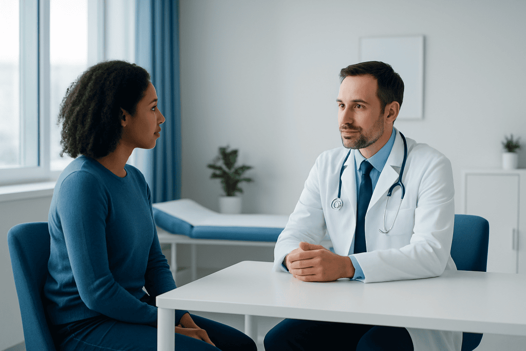 Doctor consulting with a patient in a modern hospital room.