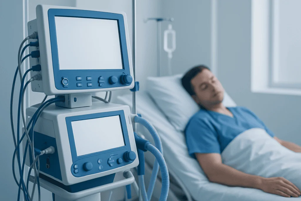 Patient resting in hospital bed with medical monitors nearby.