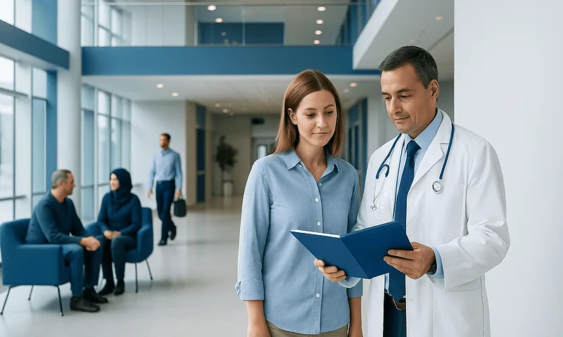 Doctor discussing medical records with a patient in a hospital lobby.
