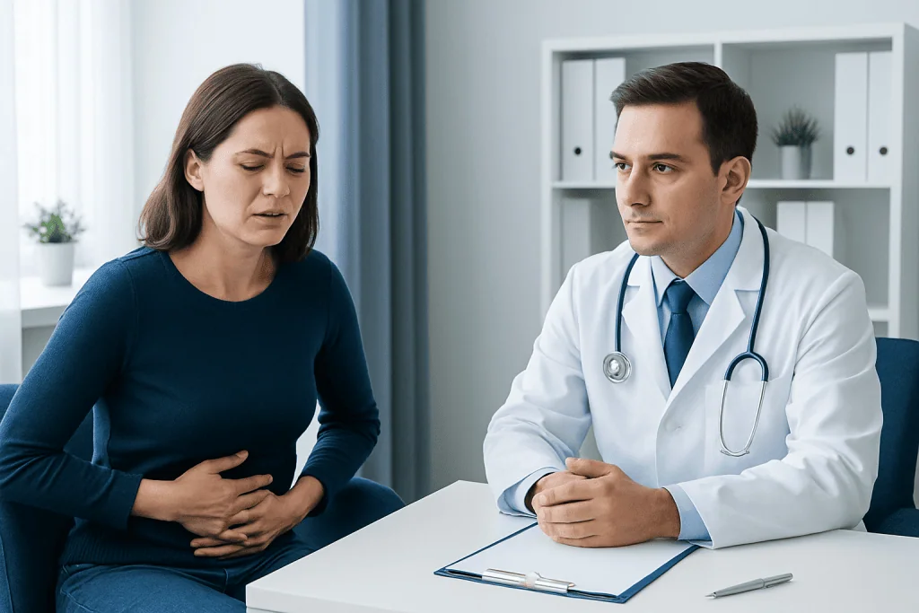 Woman experiencing stomach pain during consultation with doctor.