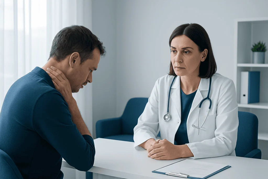 Doctor consulting with patient about neck pain in a medical office.