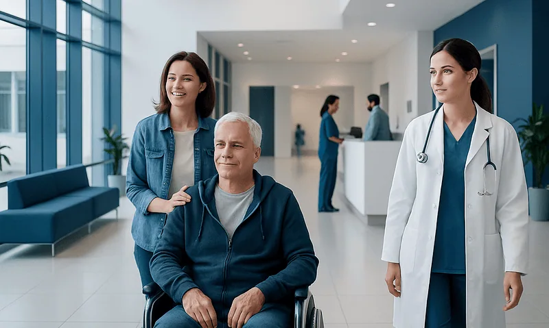 Hospital staff assisting a patient in a modern healthcare facility.