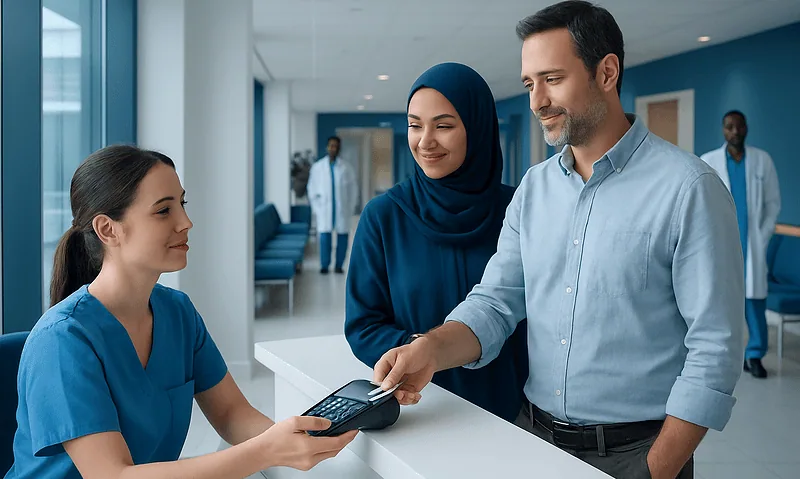 Patient paying at hospital reception with staff assistance in Turkey.