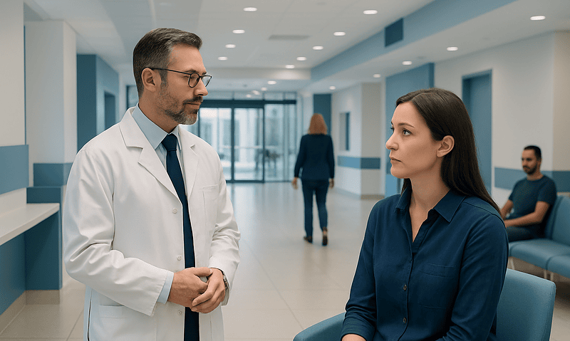 Doctor consulting a patient in a hospital corridor.