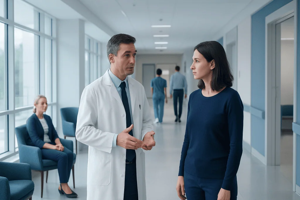 At Acibadem, How We Manage Unexpected Changes to Your Treatment Plan 1 Doctor discussing treatment options with a patient in hospital corridor.