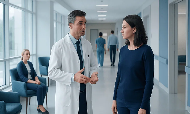 Doctor discussing treatment options with a patient in hospital corridor.