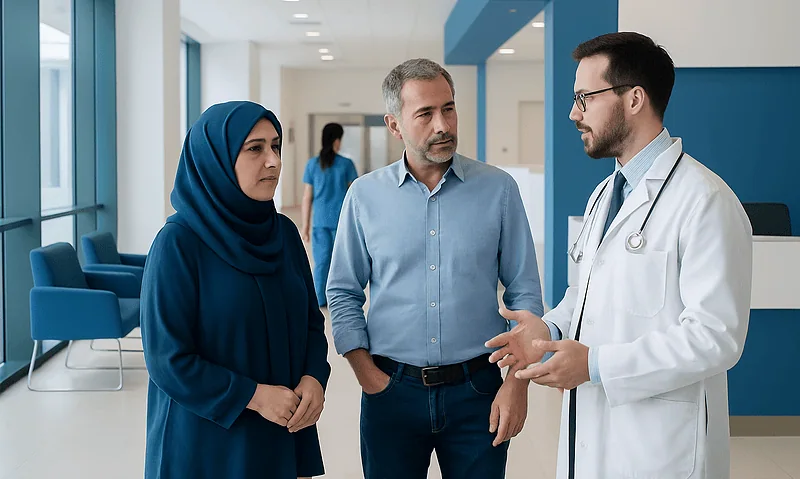 Doctor discussing treatment options with a woman and a man in a hospital corridor.