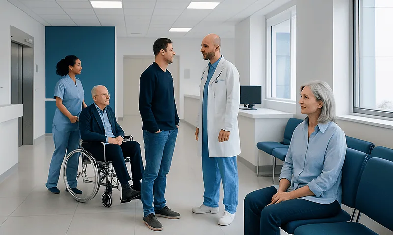 Medical team consulting with patients in a hospital corridor.