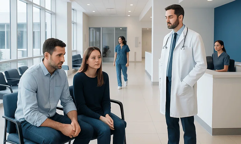 Doctor consulting with patients in a modern hospital corridor.