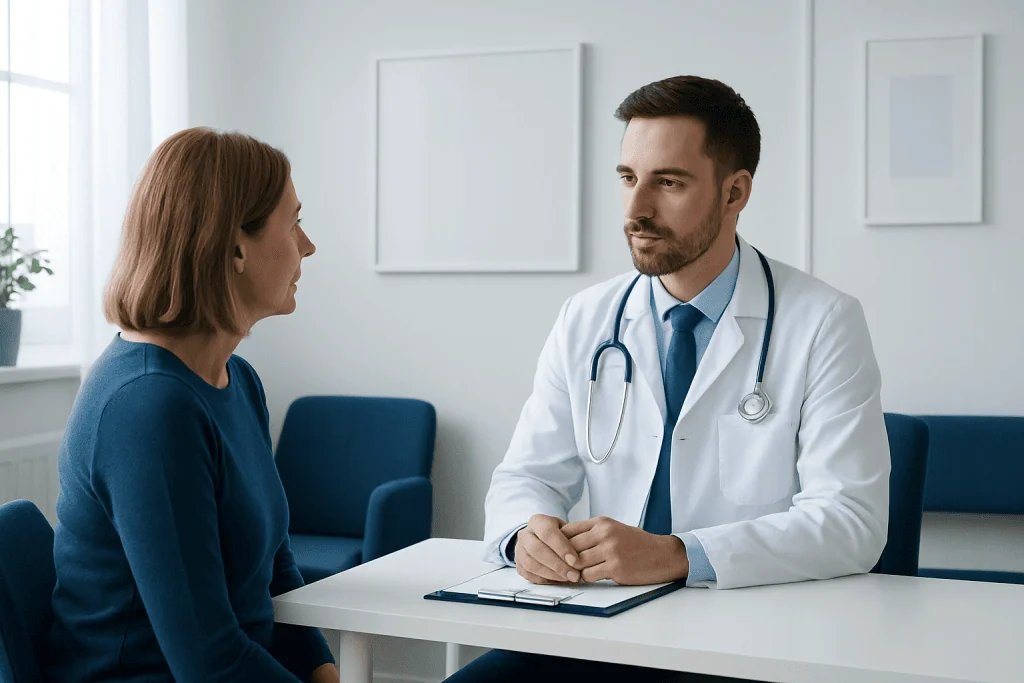 Doctor consulting with a female patient in a modern medical office.