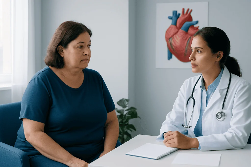 Doctor consulting with a patient about heart health in a medical office.
