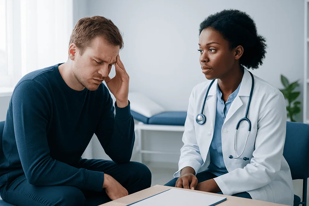 Patient experiencing anxiety during medical consultation at Acibadem Hospital.