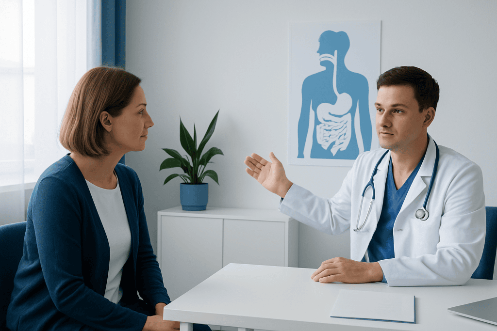 Doctor explaining digestive system to a patient in a clinic setting.