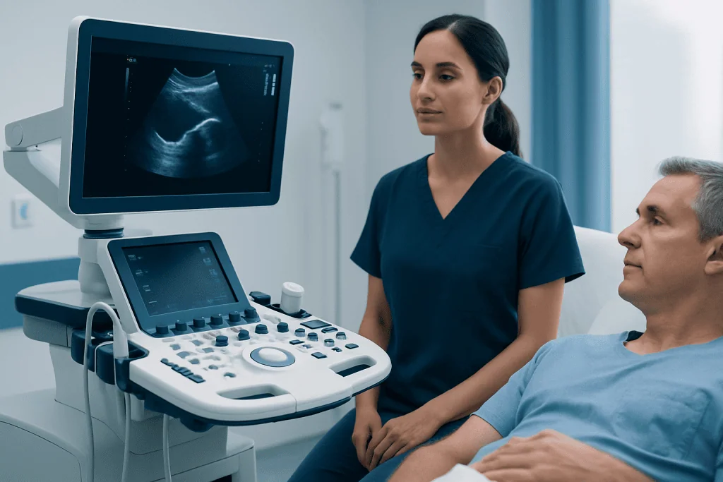 Medical professional performing an ultrasound examination on a patient in a clinical setting.