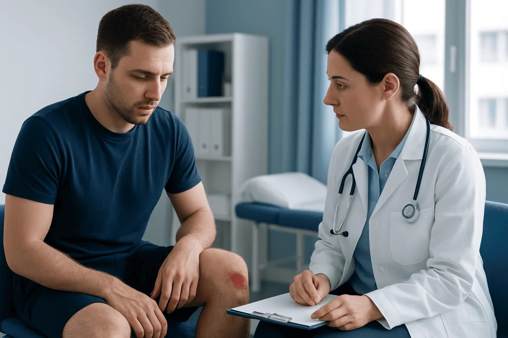 Doctor examining a patient's knee in a medical consultation room.