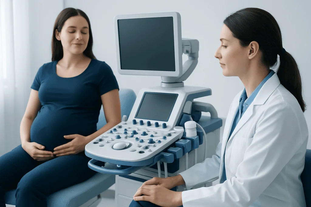 Pregnant woman undergoing ultrasound examination at a hospital.