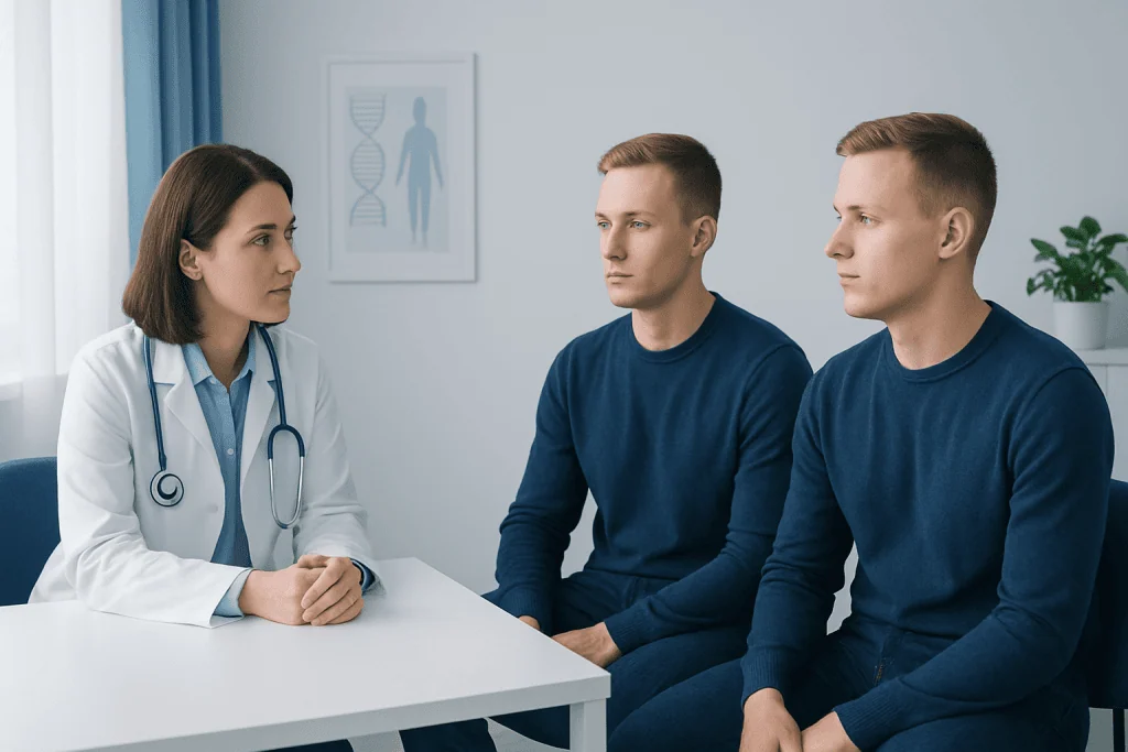 Doctor consulting with two male patients in a medical office.