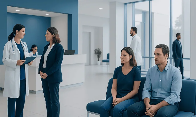 Patients waiting in a modern hospital lobby with medical staff nearby.