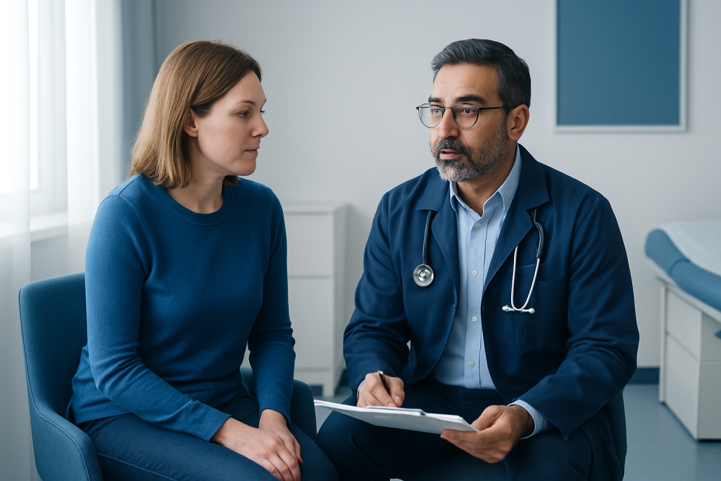 Doctor consulting female patient in a medical office setting.