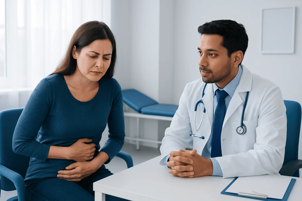 Doctor consulting with a woman experiencing stomach pain in a medical office.
