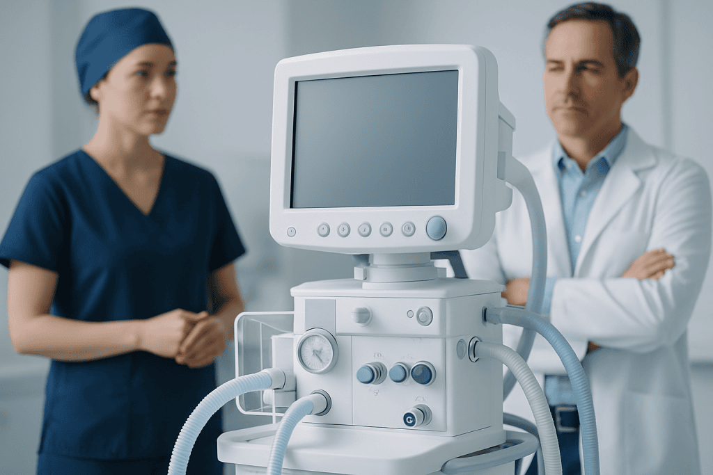 Medical professionals reviewing ultrasound equipment in a hospital setting.