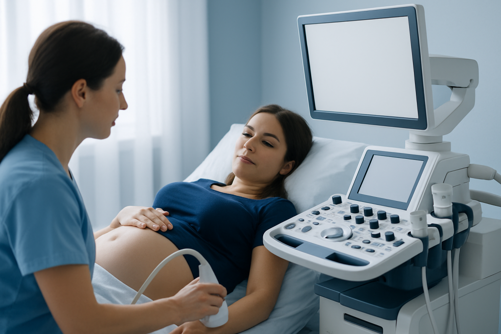 Pregnant woman undergoing ultrasound at Acibadem Hospital.