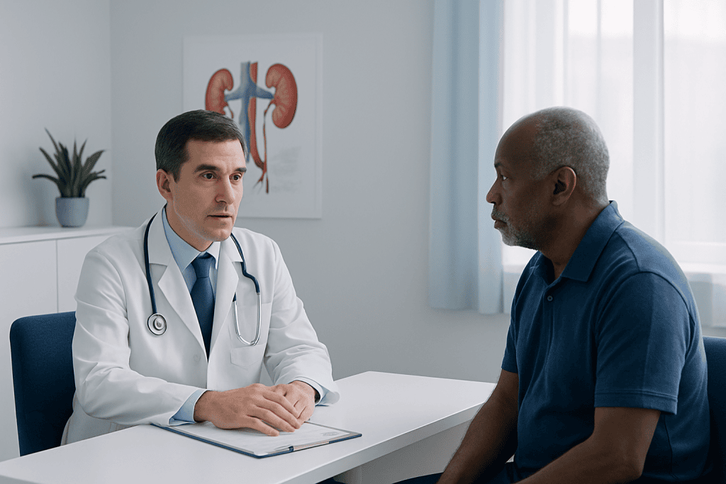 Doctor consulting with a patient about kidney health in a medical office.