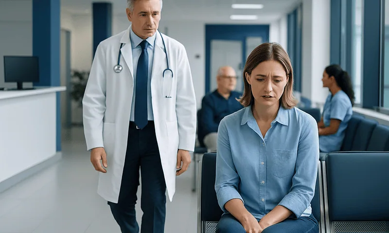 Doctor consulting a worried woman in a hospital waiting area.
