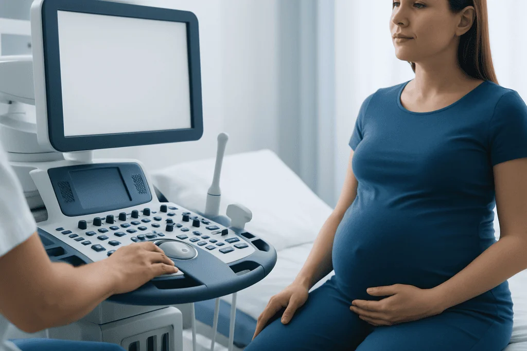 Pregnant woman undergoing ultrasound examination at hospital.