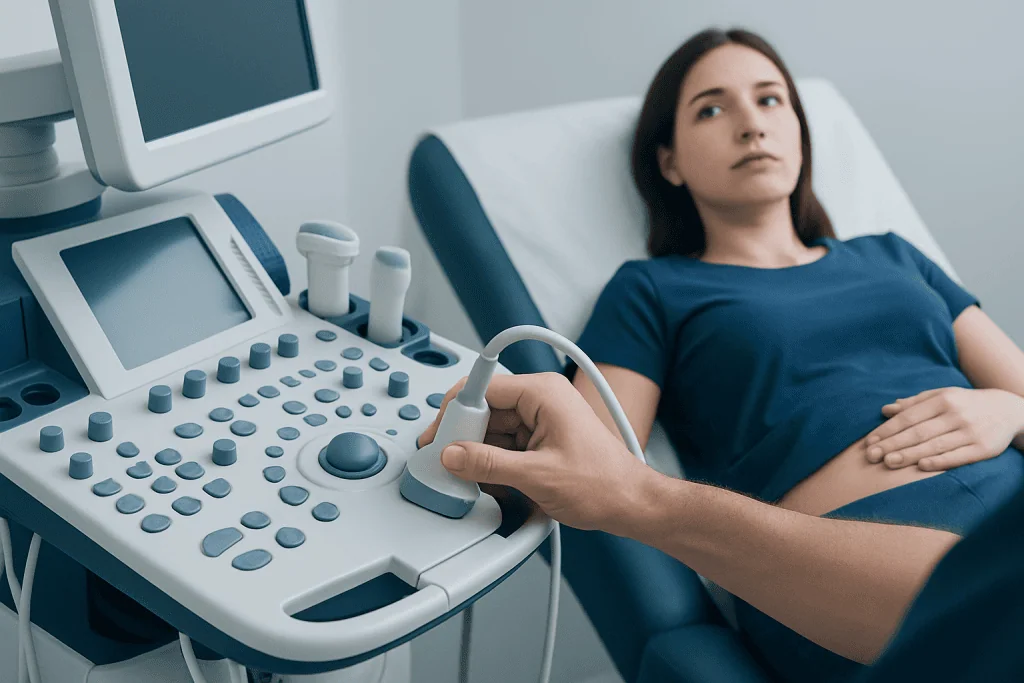 Woman undergoing ultrasound examination in a medical clinic.