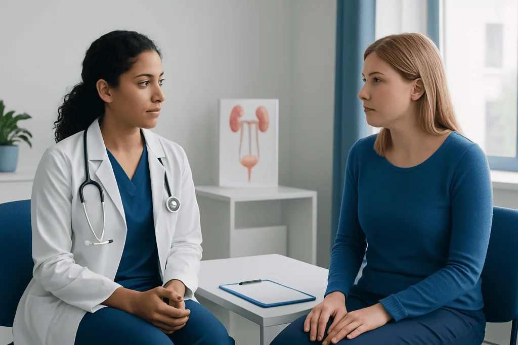 Doctor consulting female patient about urinary health in clinic.