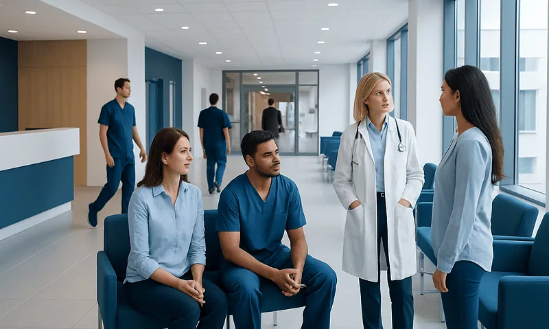 Medical professionals and patients in a hospital corridor with large windows.