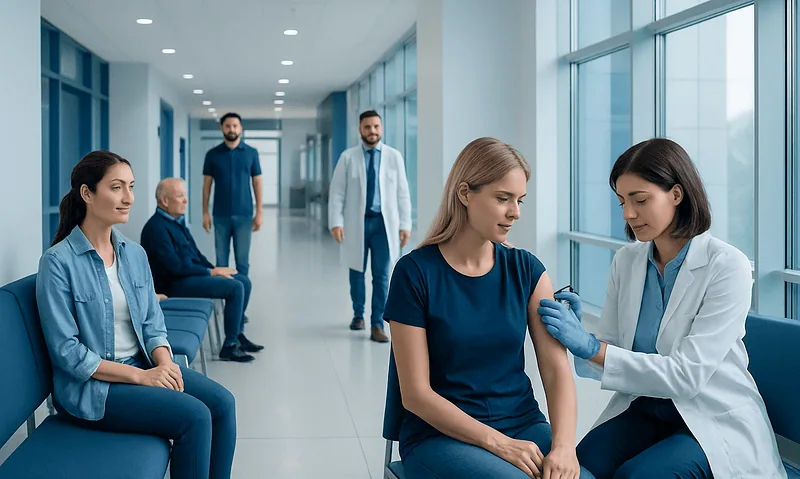 Medical staff administering a vaccine to a patient in a hospital corridor.