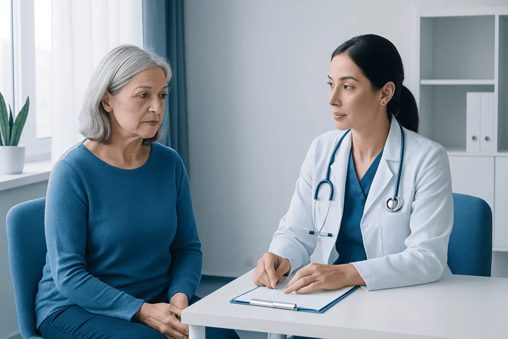Doctor consulting with an elderly woman in a medical office.