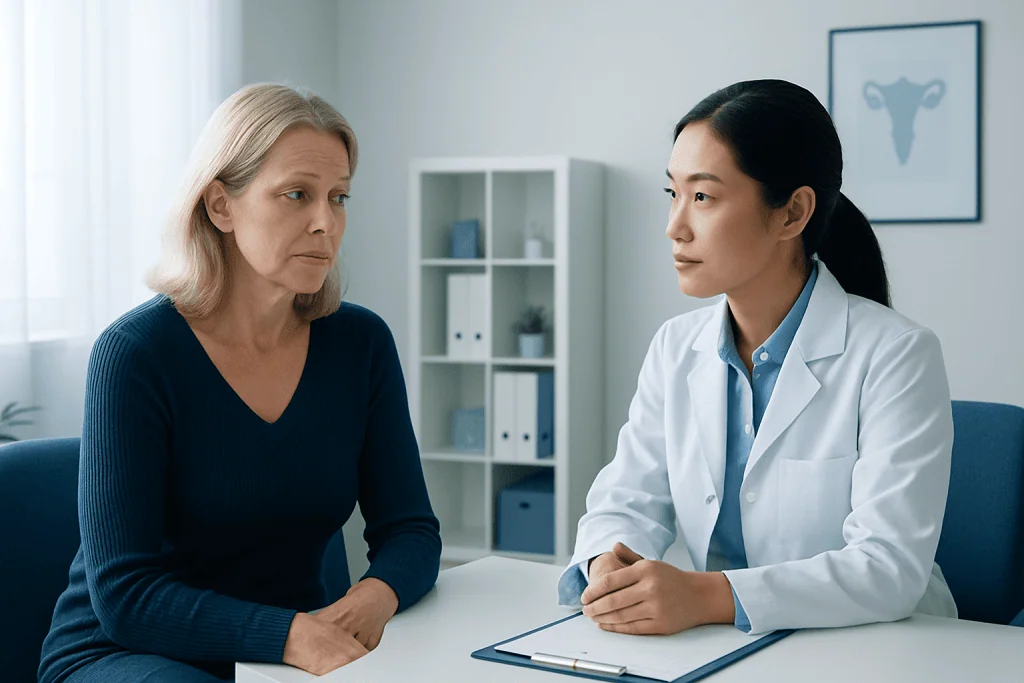 Doctor consulting with a middle-aged woman in a medical office.