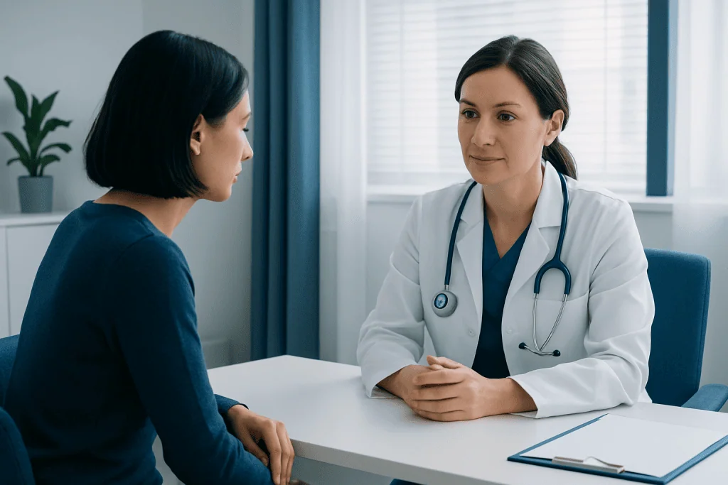 Doctor consulting with patient in a medical office setting.