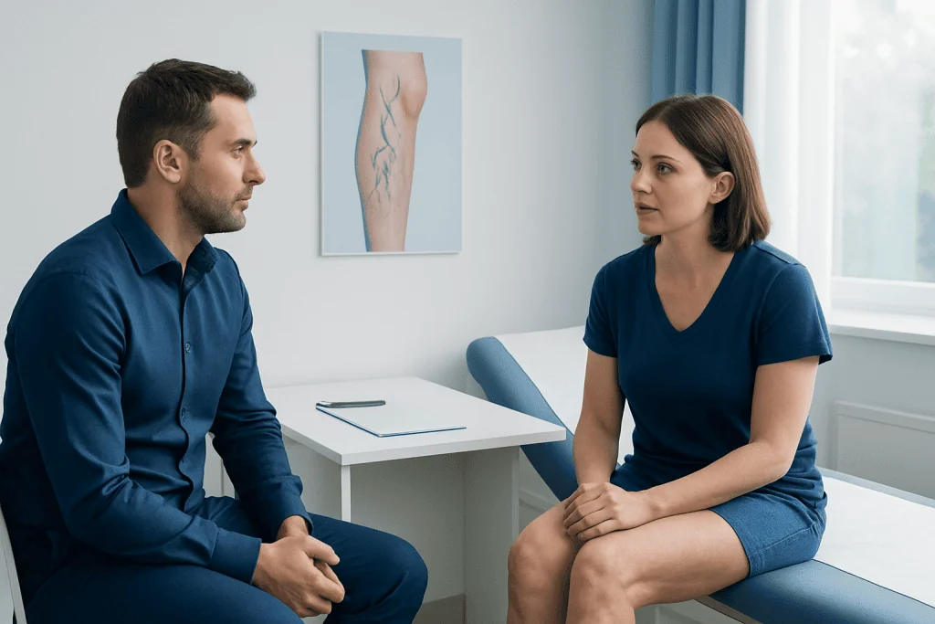 Doctor consulting with patient about varicose veins treatment options.