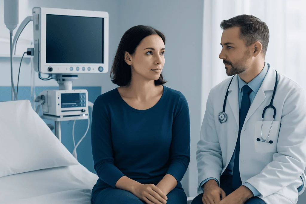 Doctor consulting with a female patient in a hospital room.