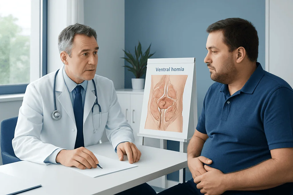 Doctor explaining ventral hernia to patient in clinic setting.