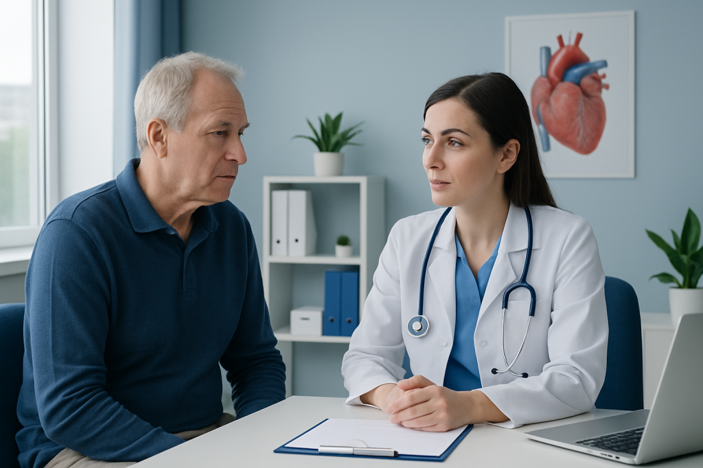 Doctor consulting with an elderly male patient in a medical office.