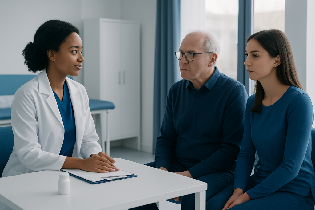 Doctor consulting with elderly patient and young woman in clinic.