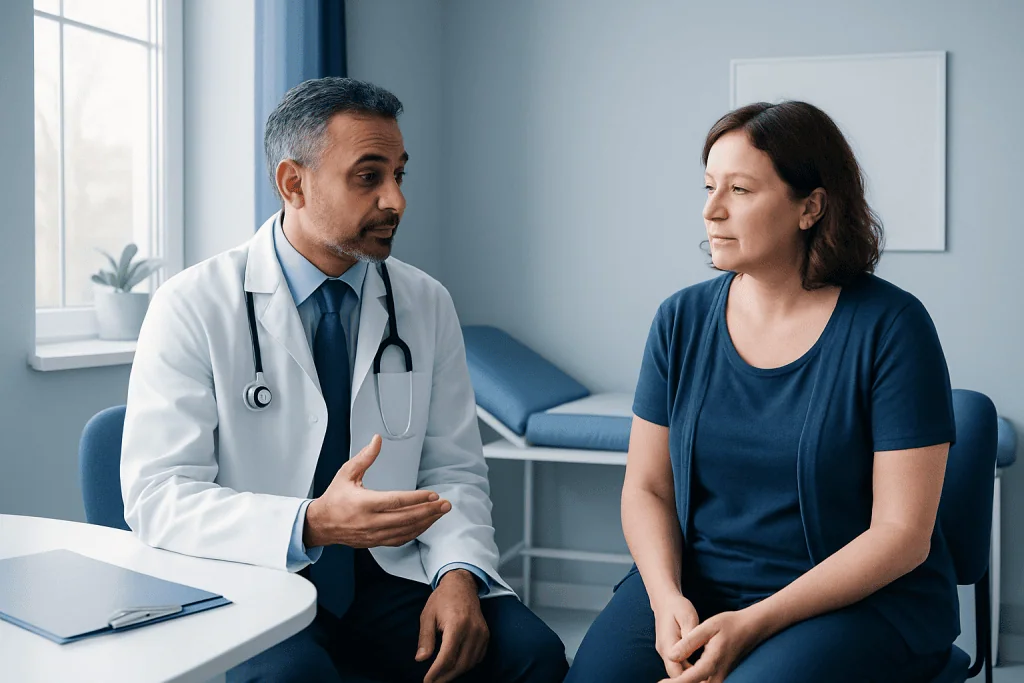 Doctor consulting with a female patient in a medical office.