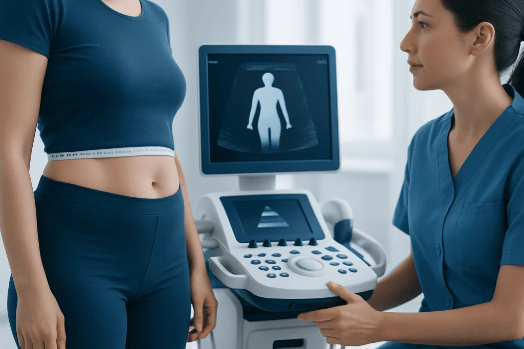 Medical professional performing an ultrasound scan on a woman's abdomen.